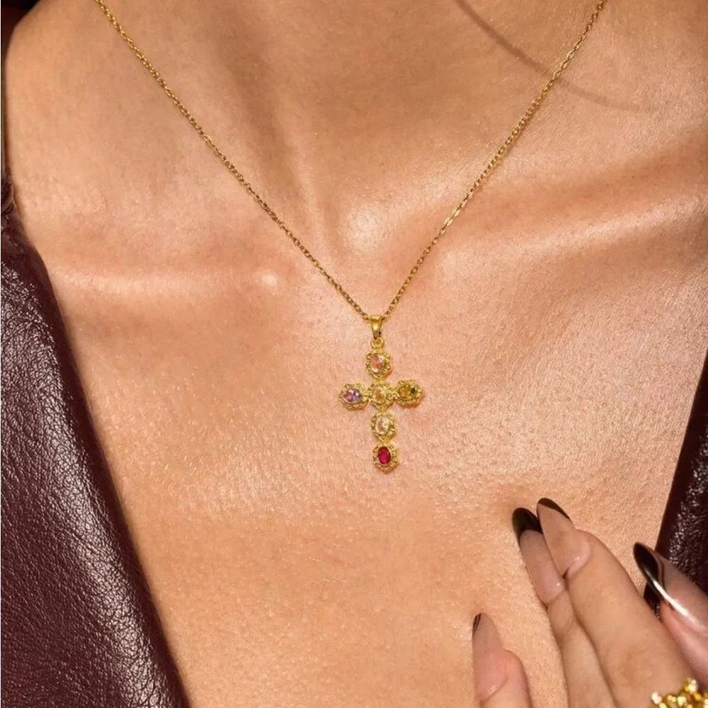 Gold Cross Pendant Necklace with Multicolor Gemstones R381